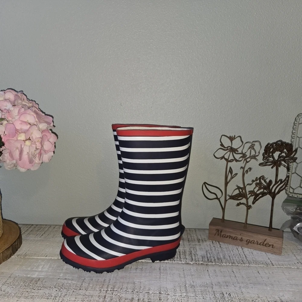 Mini Boden Striped Rain Boots with Red Accents Girlie Girlhood